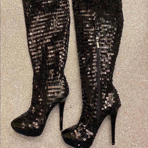 Dereon Wild Beyoncé Black Sequins Thigh High Platform Boots - Picture 3 of 13